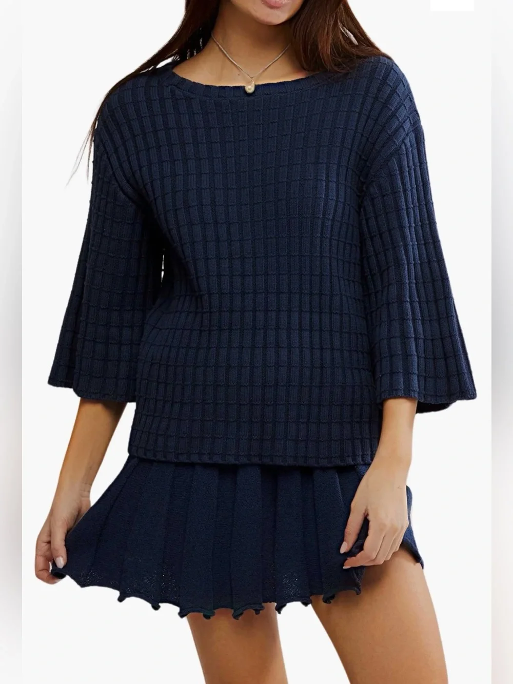 Free People Kenzie Sweater Knit M Darkest Night Navy Blue SET